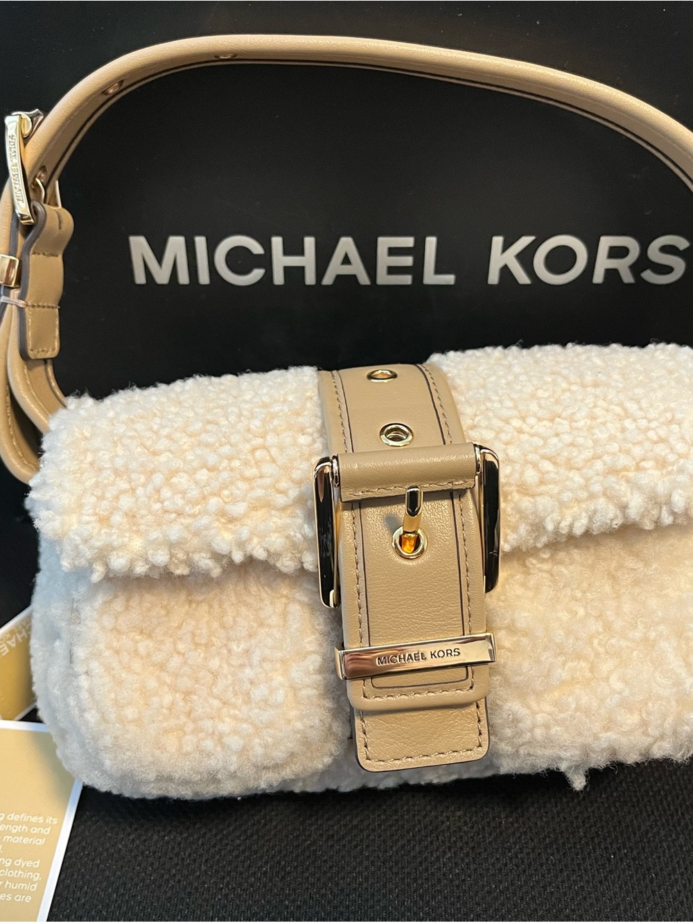 Michael Kors Cream Shearling Shoulder Bag with Leather Trim